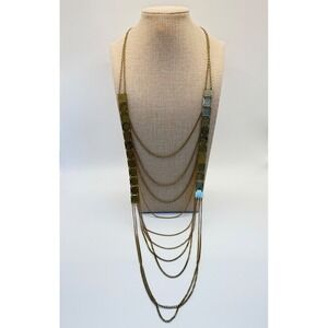 Layered Chain Necklace with Square Pendants Bronze Tone Fashion Jewelry